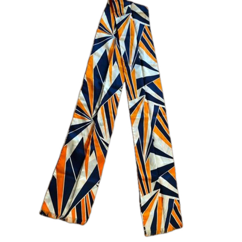 Vintage 1960s Mod Scarf om Geometric Abstract Orange Navy & White Long and Thin
